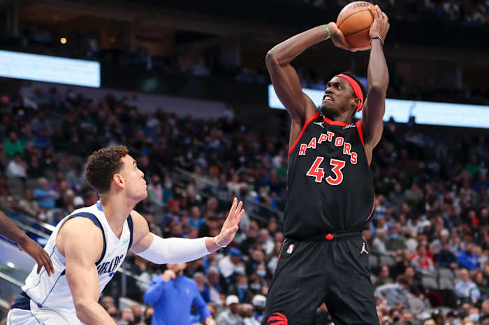 Toronto Raptors forward Pascal Siakam shoots over Dallas Mavericks center Dwight Powell.